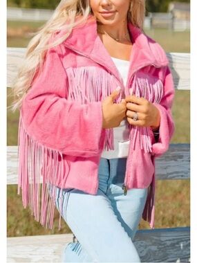 Buddy Love Hot Pink Skylar Fringe Faux Fur Zip-Up Jacket Size L